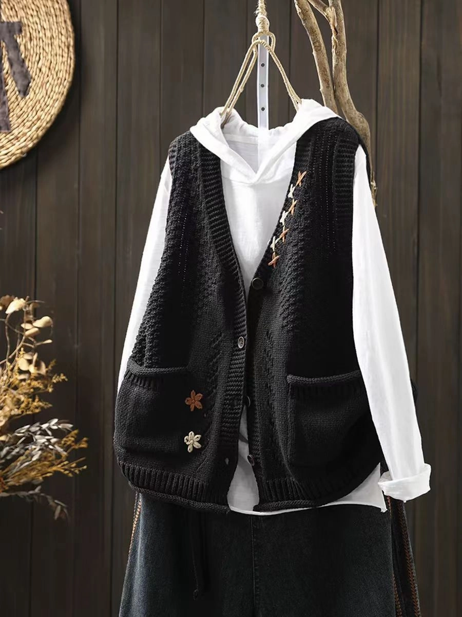 Babakud Women Autumn Embroidered Cotton Knitted Casual Vest AntiSnag Lining Material