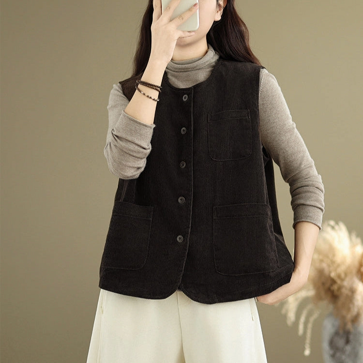 Babakud Women Spring Retro Corduroy Casual Vest Snag Proof Surface Thermal Lining Tech
