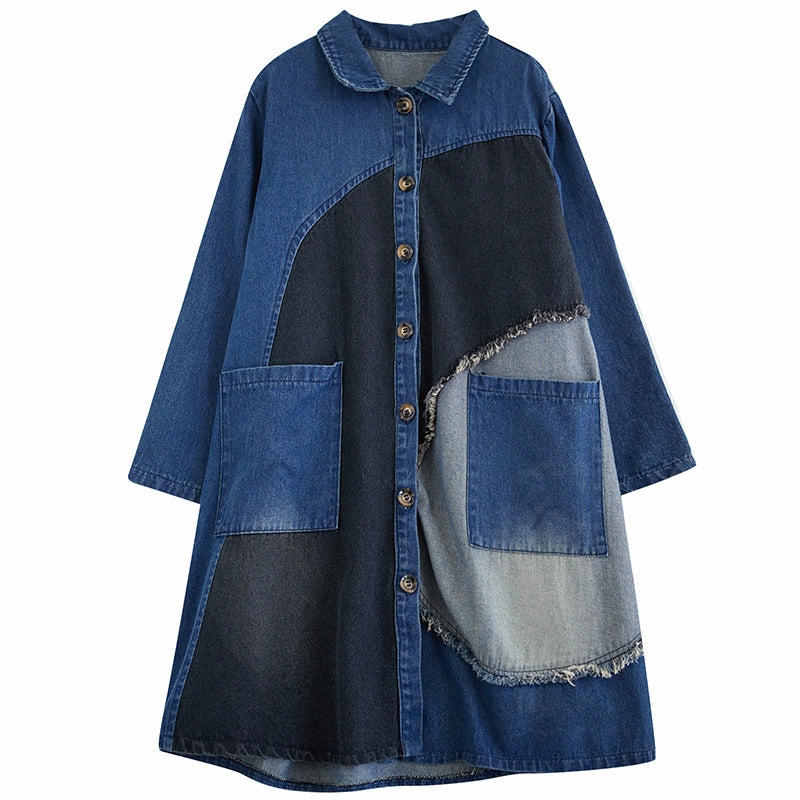 Women Autumn Retro Denim Patchwork A-Line Coat Quick Wear Fit Waist Belt