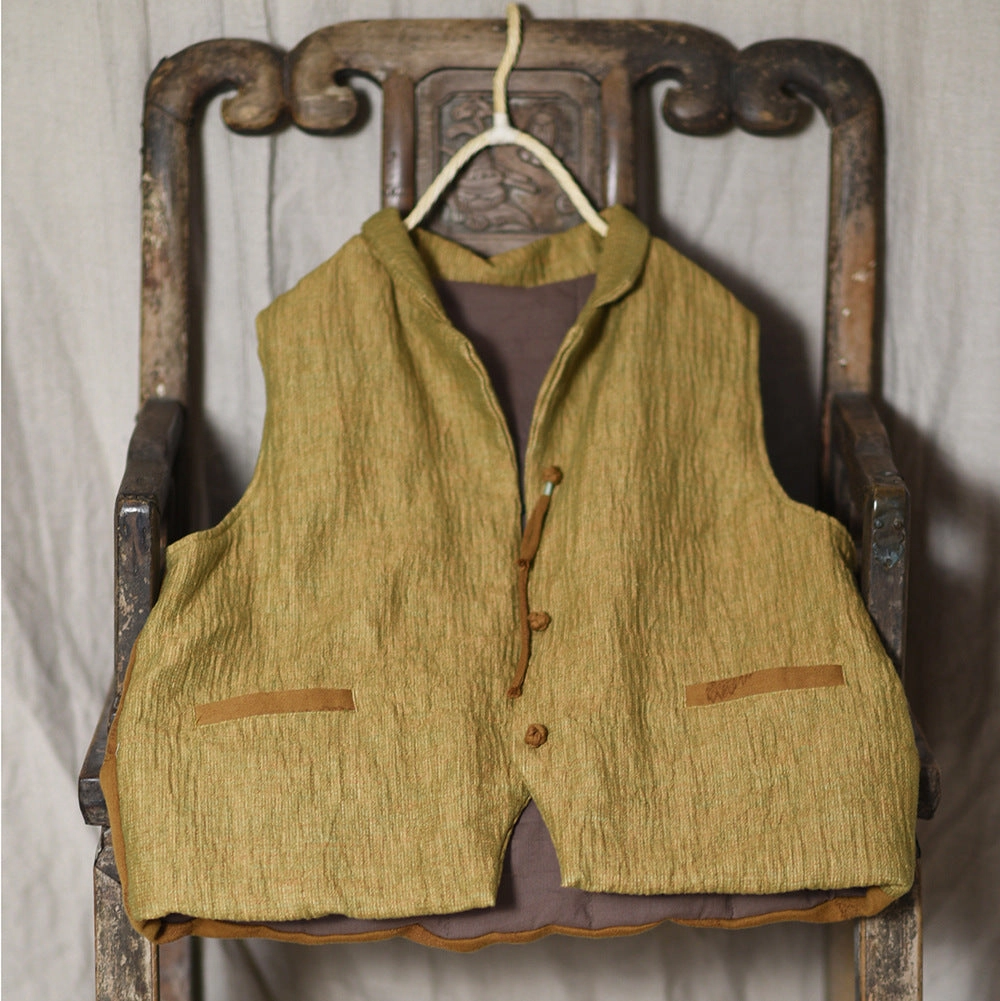 Women Color Block Lapel Cotton Padded Warm Vests Stowable Hood