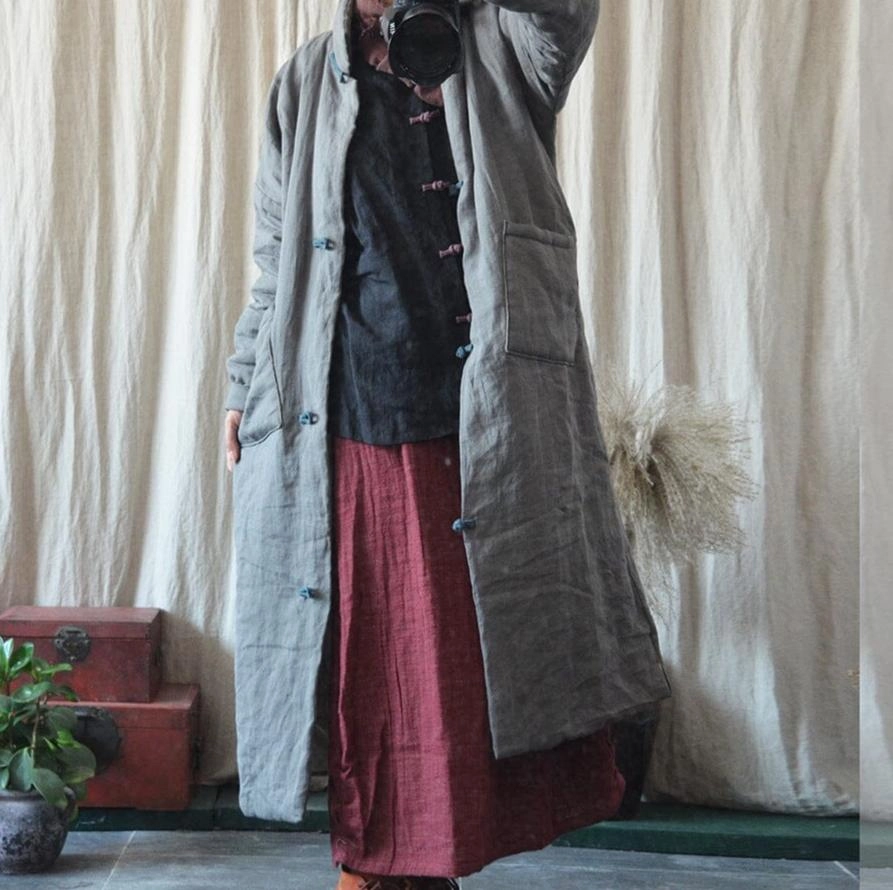 Women Retro Solid Color Mid-Length Autumn Loose Linen Overcoat Classic Fit Double layer fabric