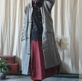Women Retro Solid Color Mid-Length Autumn Loose Linen Overcoat Classic Fit Double layer fabric
