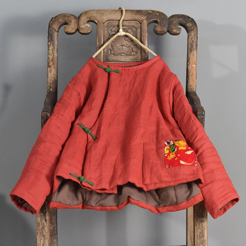 Heat Retention Layer Bomber Cut Warm Vintage Patchwork Padded Ramie Coat for Women