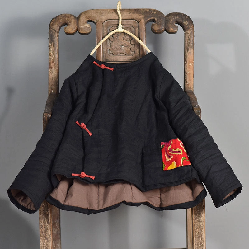 Warm Vintage Patchwork Padded Ramie Coat for Women Soft Fleece Lining Contoured Silhouette