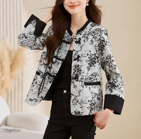 Hooded Versatile Design Women Vintage Ink Printed Stand Collar Jacket