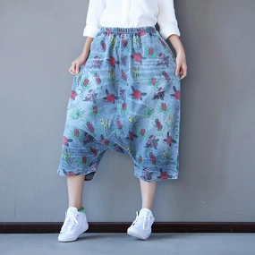Velvety Touch Comfortable lining Retro Printed Loose Denim Pants