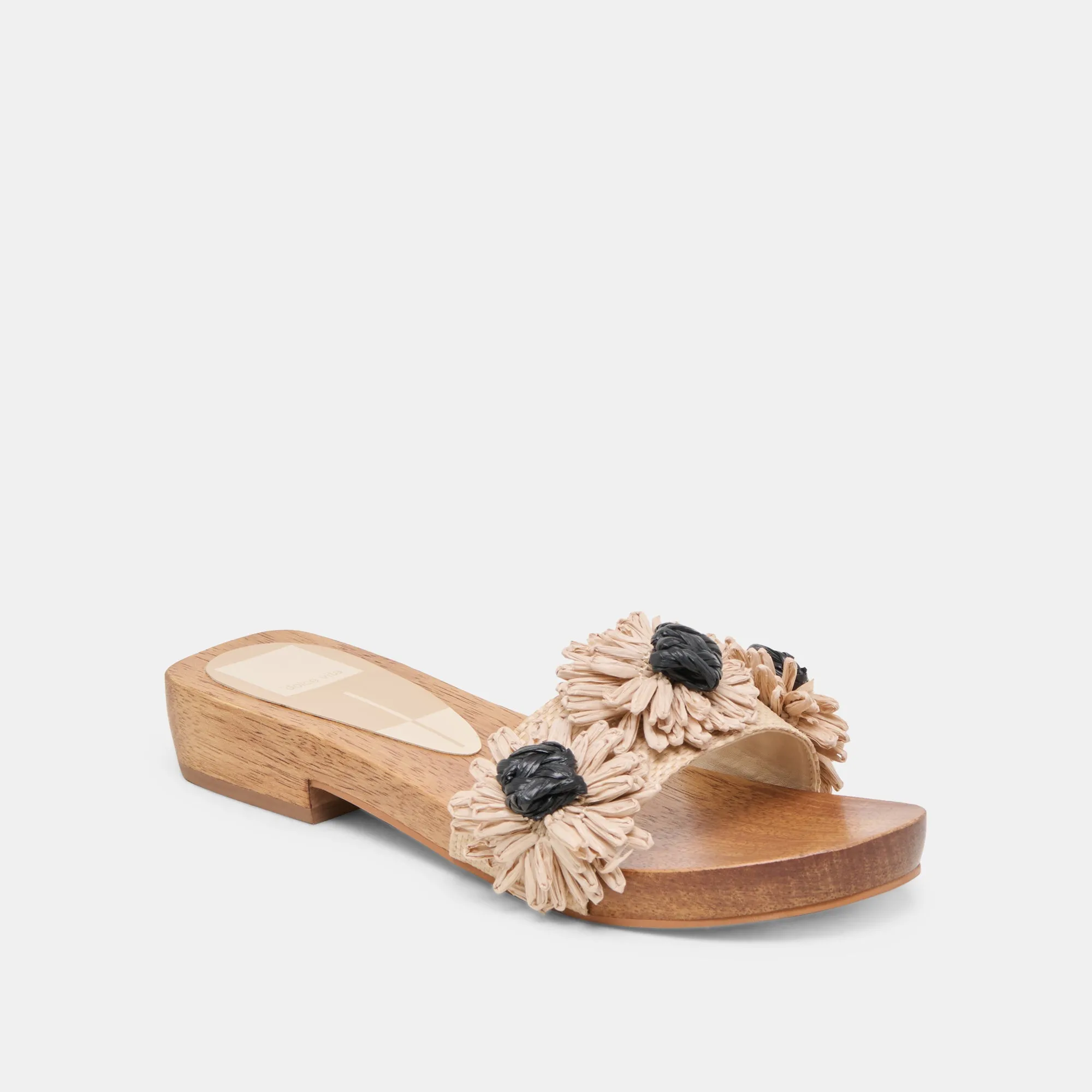 tag ARIENA SANDALS BLACK NATURAL FLORAL RAFFIA