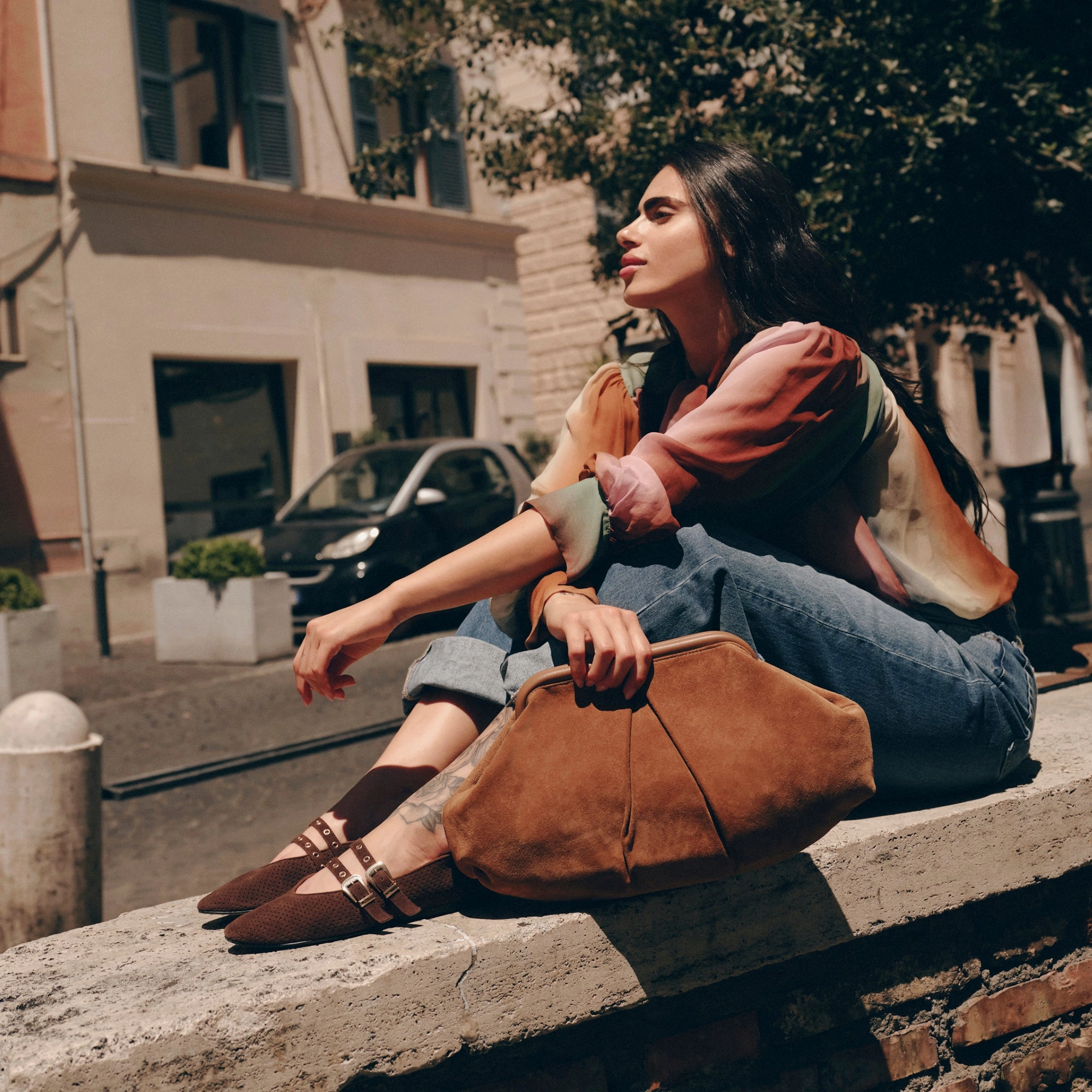 Bespoke Pick Wedge Heel BAYLEE GROMMET BALLET FLATS DK BROWN PERFORATED SUEDE