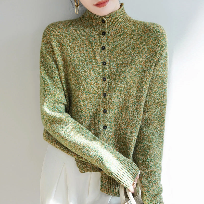 Ladies Elegant Mock Neck Knitted Wool Cardigan Thermal Insulation Layer