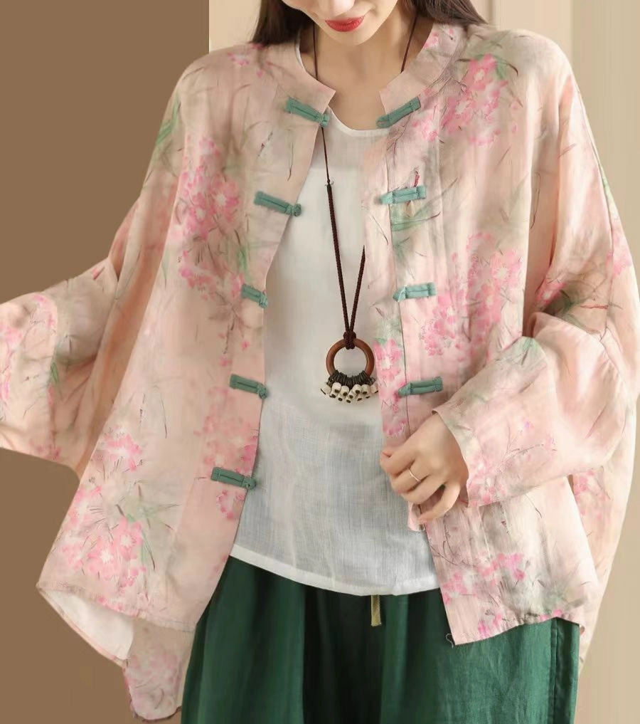 Ladies Vintage Printed Ramie Shirt Chinese Style Elegant Jacket TapedSeamConstruction