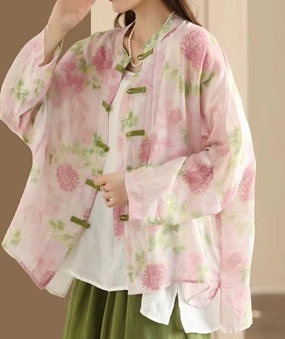 Ladies Vintage Printed Ramie Shirt Chinese Style Elegant Jacket Casual Classic Seamless Edge Finishing