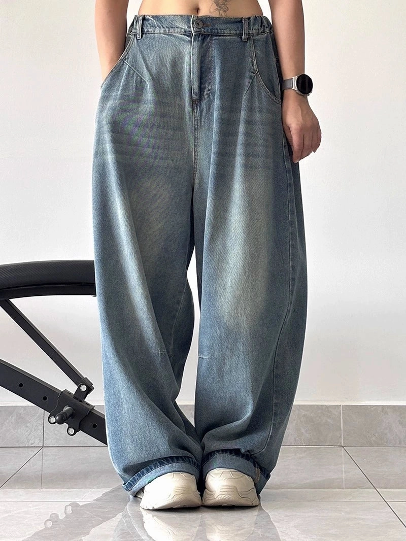 Tangle Free Polished Look Women Retro Denim Washed Blue Loose Elastic Waist Jeans