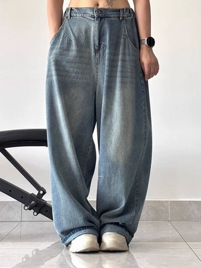 Women Retro Denim Washed Blue Loose Elastic Waist Jeans Vibrant color