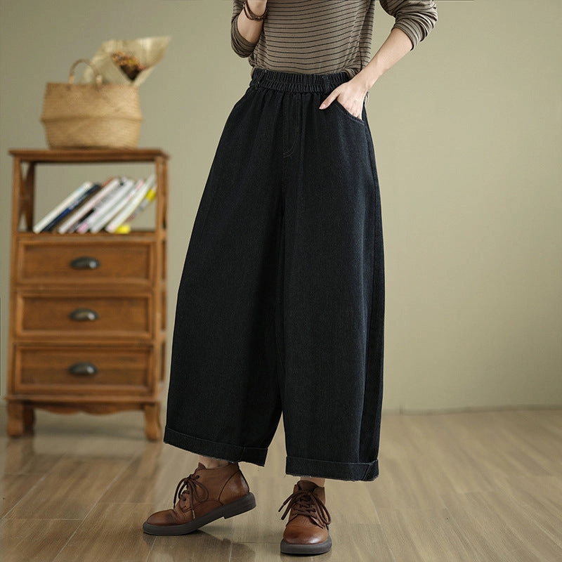Women Winter Retro Casual Fleece-Lined Wide-Leg Denim Pants Non-Binding Sweat Absorbing