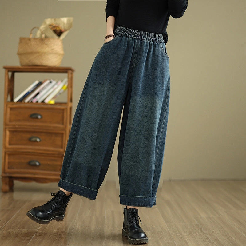 Comfortable Waistband Sweat Free Women Winter Retro Casual Fleece-Lined Wide-Leg Denim Pants