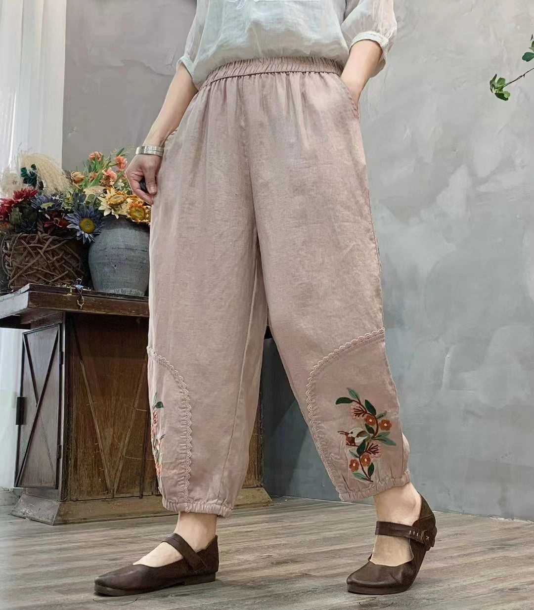 Autumn Linen Embroidered Patchwork Loose Casual Harem Pants No Constriction Comfortable Edge