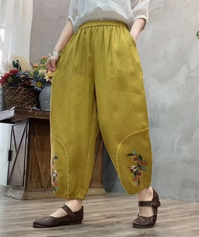 Simple Care Autumn Linen Embroidered Patchwork Loose Casual Harem Pants