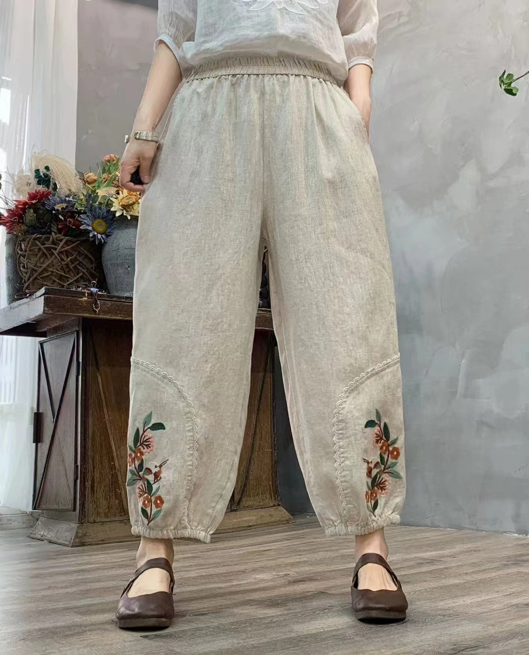 Silky texture Secure Closure Autumn Linen Embroidered Patchwork Loose Casual Harem Pants