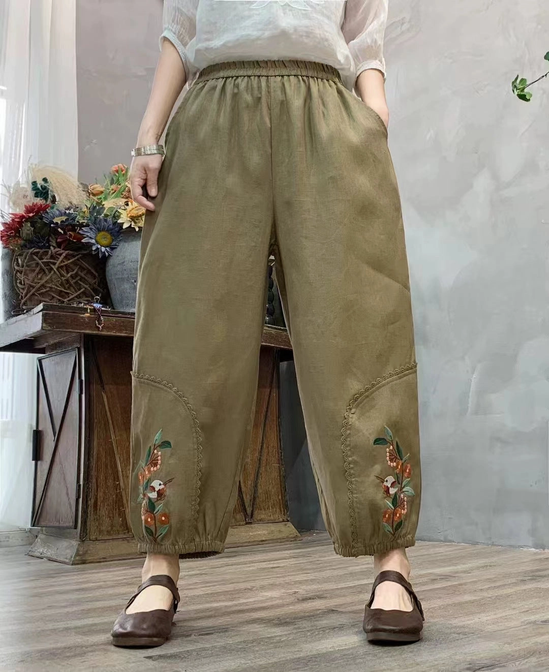 Autumn Linen Embroidered Patchwork Loose Casual Harem Pants Solid Make No Bleeding