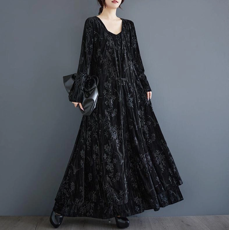 Outdoor Activity Windproof Cuffs Women Elegant Vintage Jacquard Velvet Mid- Length Coat