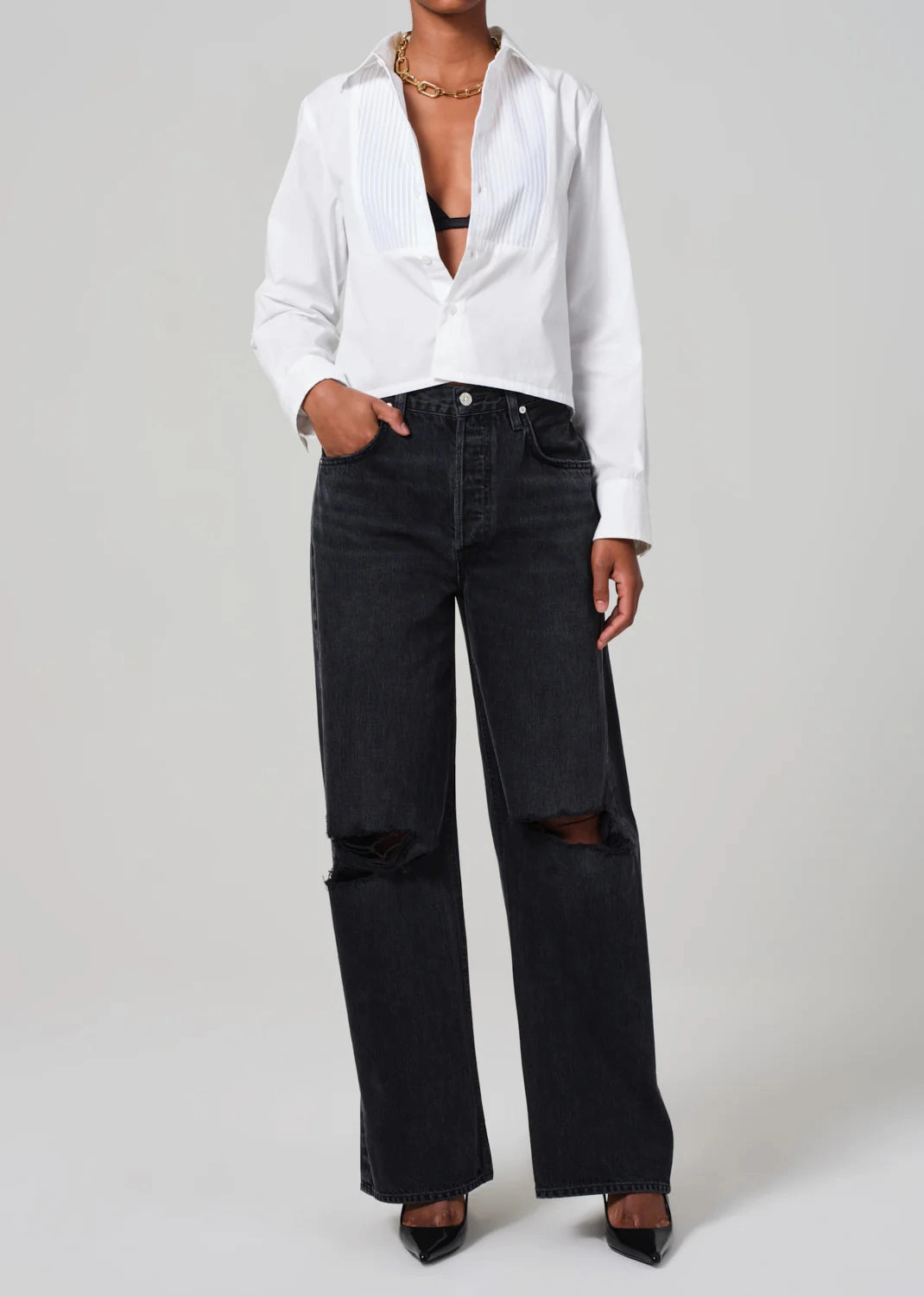 Fino Boxy Cropped Tuxedo Shirt in White AntiBacterial Coating