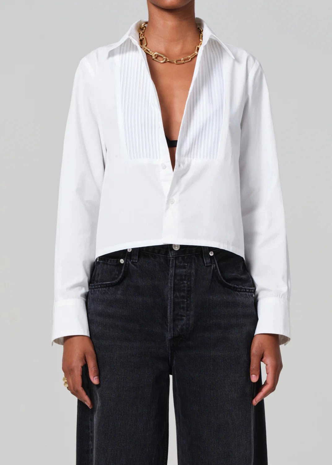 Fino Boxy Cropped Tuxedo Shirt in White Stretch Comfort ComfortStretchFit