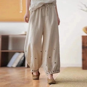 Strong Seams Temperature Regulating Loose Casual Wide-Leg Retro Embroidered Cotton Linen Trousers