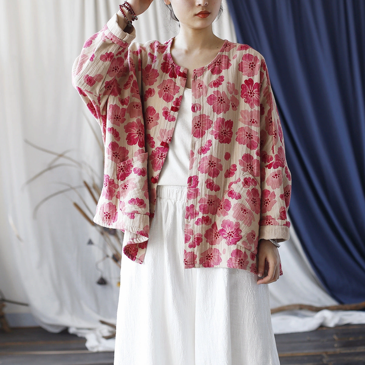 Loose Floral Printed Cotton Coats for Women Chic Urban Vegan Leather Accents