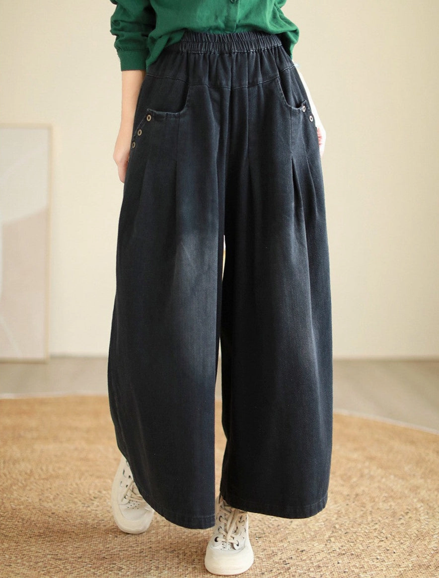 Comfortable Waist Effortless Care Loose Stylish Casual Buttons Wide Leg Jeans for Women
