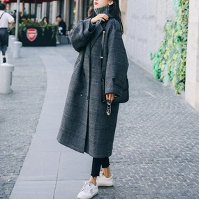 Babakud Double-Breasted Plaid Long Wool Coats Neutral Street Style
