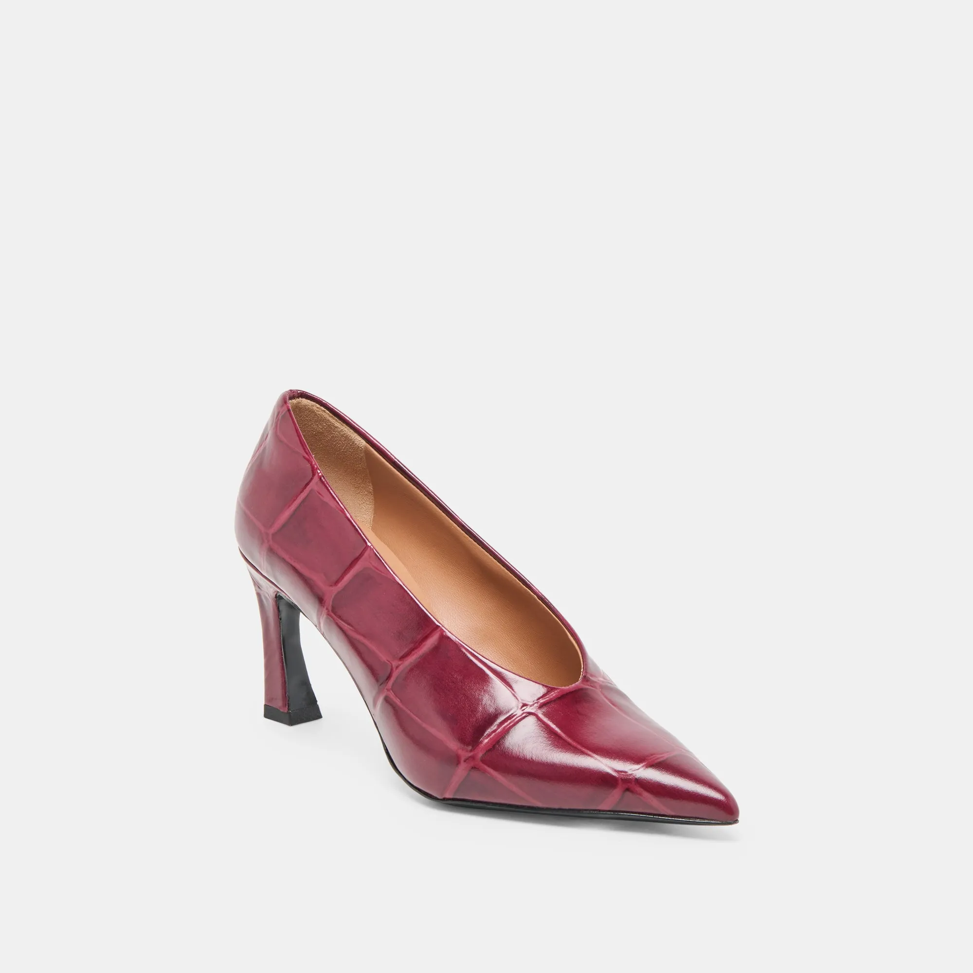 Low Impact Cushioning MIDGE HEELS BURGUNDY CROCO EMBOSSED LEATHER