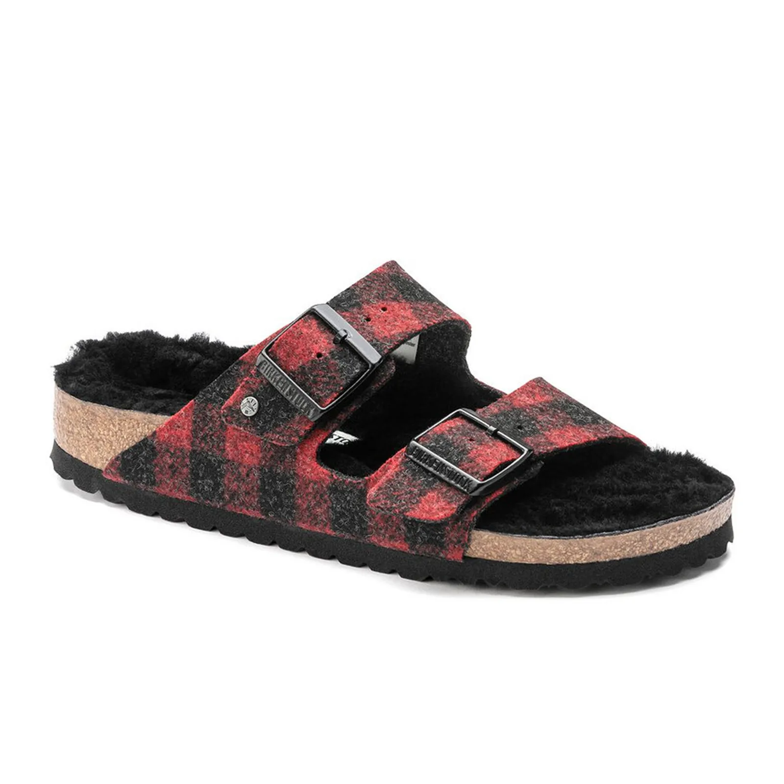 Birkenstock Arizona Narrow Slide Sandal (Women) - Red Plaid Wool/Black Shearling Fine Stitching