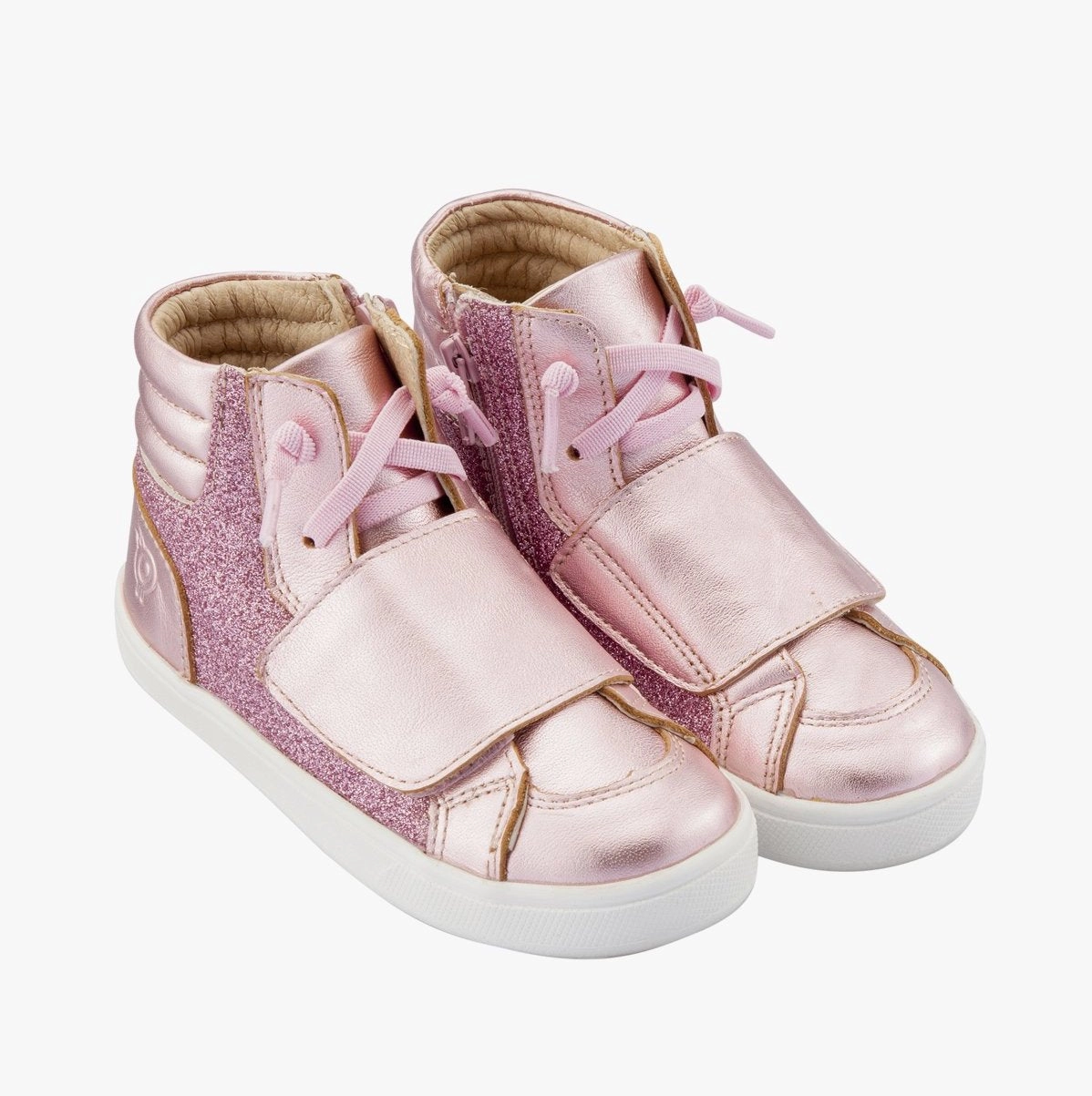 Contoured Heel Seamless construction Old Soles Kids Girl O-Glam Leather Sneakers in Glam Pink