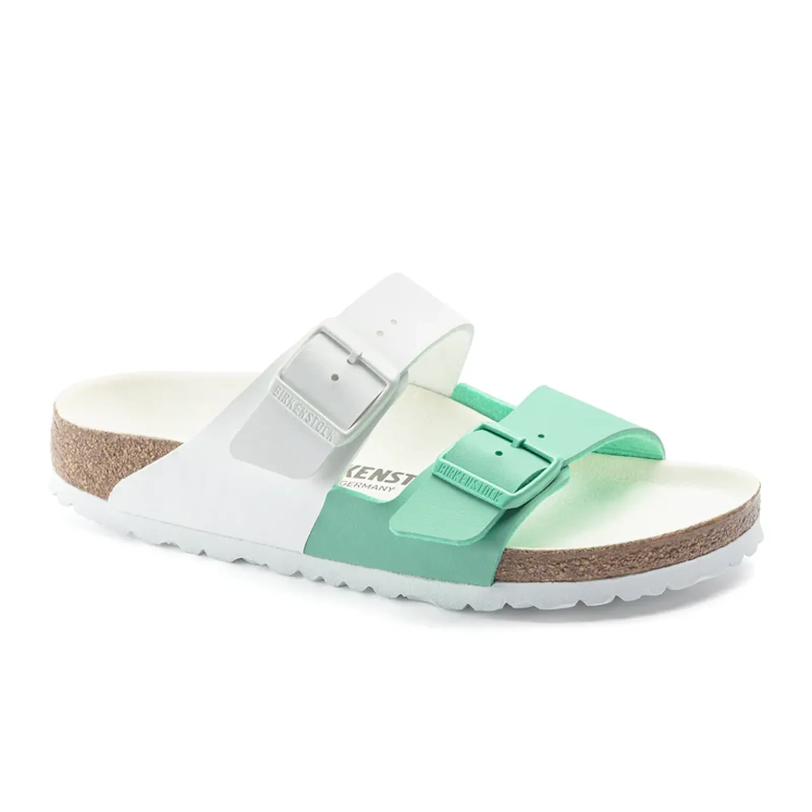 Union Pair Birkenstock Arizona Split Slide Sandal (Women) - White/Bold Jade Birko-Flor
