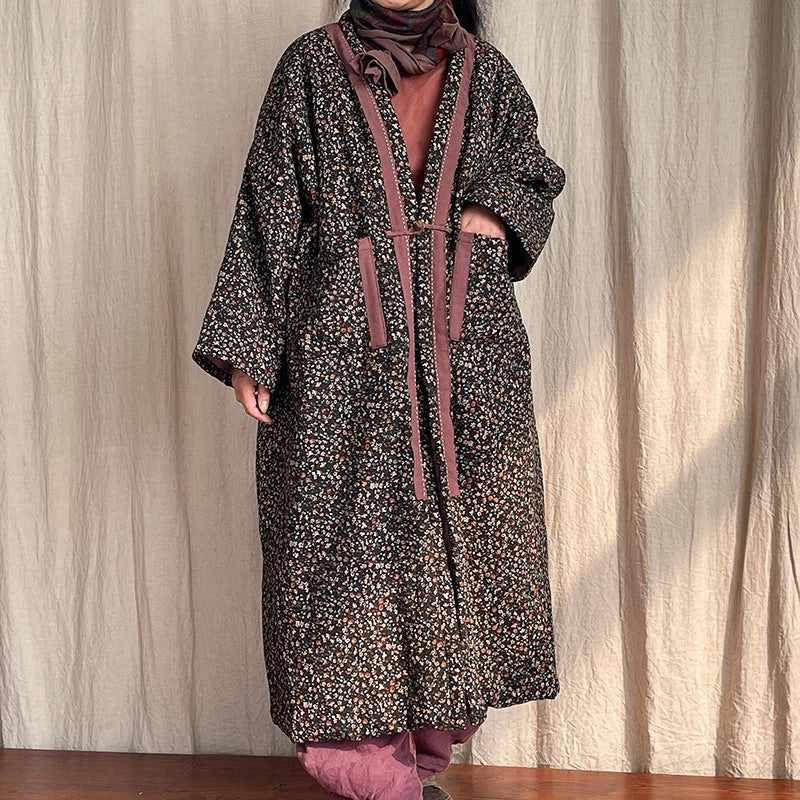 Multi Purpose Loops Women Retro Loose Floral Printed Mid-Length Cotton Linen Coat