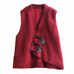 Friction Reducing Lining Women Embroidered Button- Up Warmth Sherpa Vests