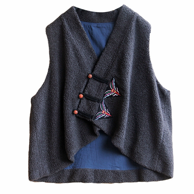 Women Embroidered Button- Up Warmth Sherpa Vests Monochrome Look