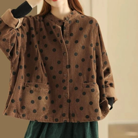 Babakud Women Autumn Retro Polka Dots Cotton Corduroy Jacket Packable Technology Water Based Coating
