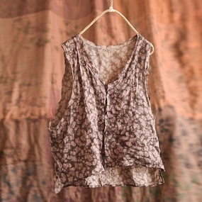 Women Retro Floral Linen Loose Vest Strong Stitches
