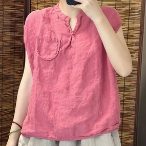 Odor Resistant Finish Babakud Summer Causla Linen Loose Pocket V- Neck Vest