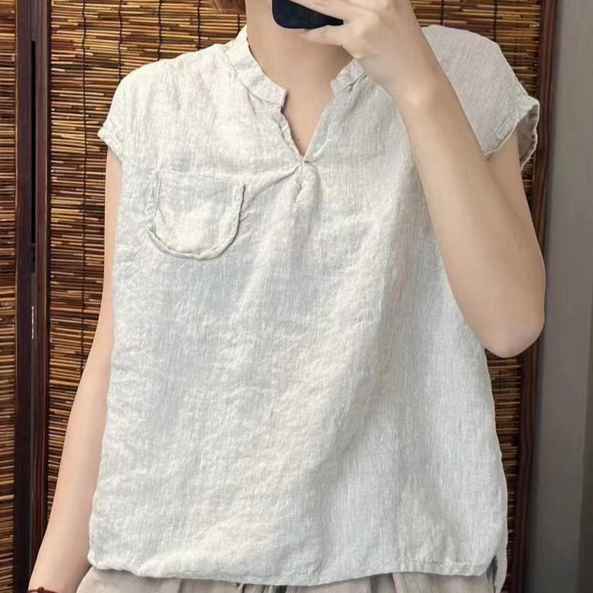 Babakud Summer Causla Linen Loose Pocket V- Neck Vest Stylish Outer Layer Autumn Ready