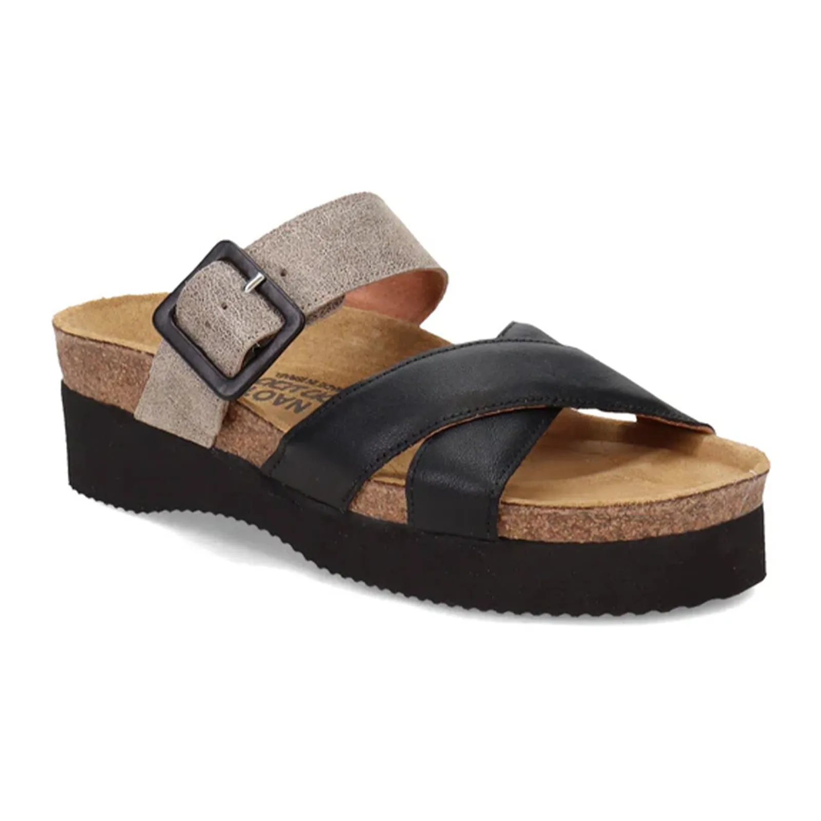 Easy Clean Naot Juliette Slide Sandal (Women) - Soft Black Leather/Spec Beige