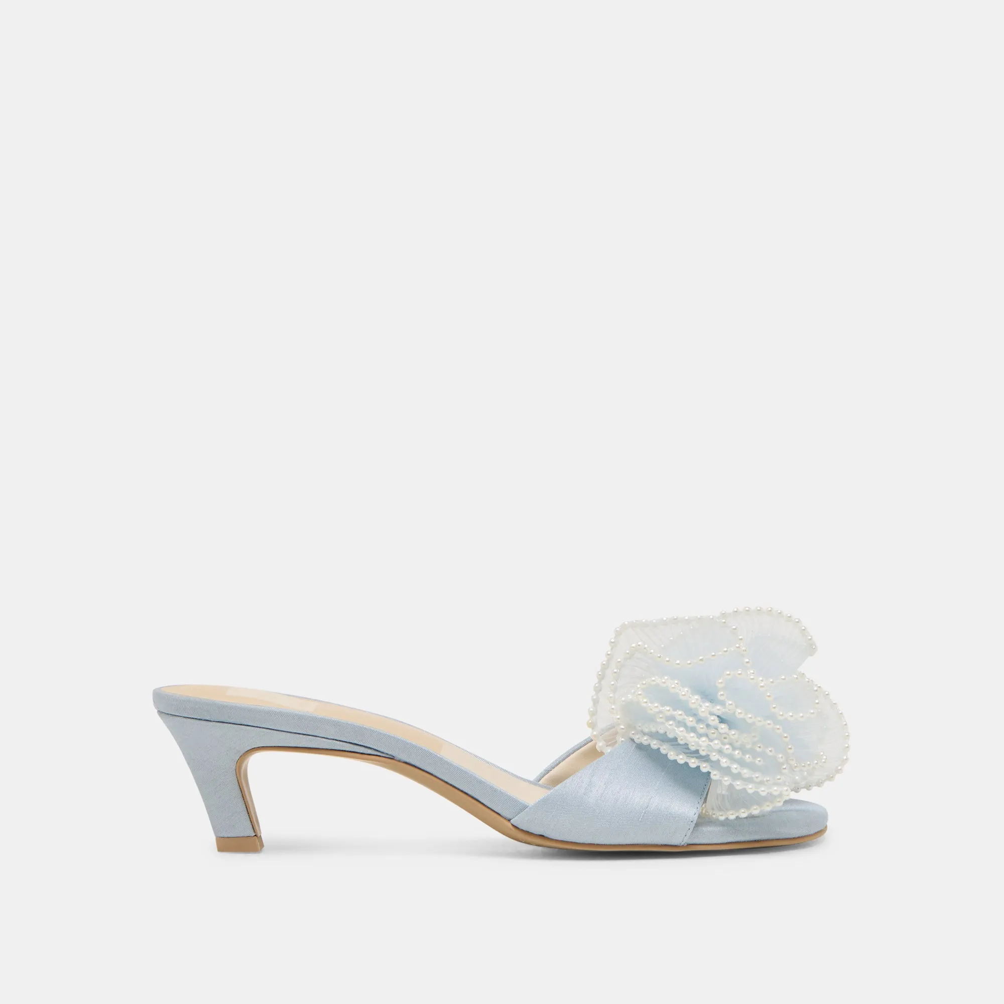 NARITA PEARL HEELS LIGHT BLUE SATIN Core Comfort Sustainable Construction