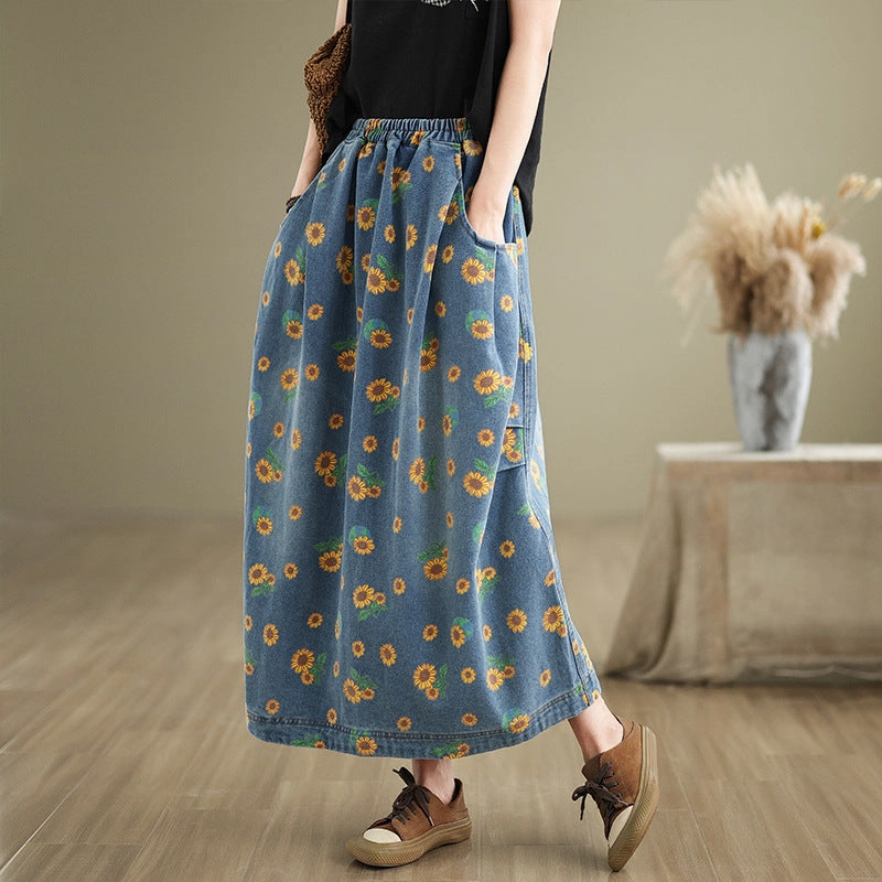 Effortless Care Color Retention Babakud Women Autumn Loose Artistic Printed Denim Skirt