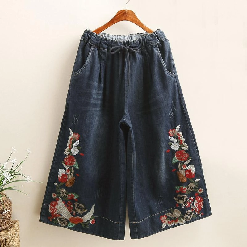 Damage Resistant Babakud Women Retro Embroidered Denim Wide-Leg Pants
