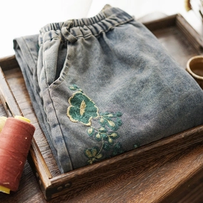 skin friendly Women Summer Denim Embroidery Denim Pants