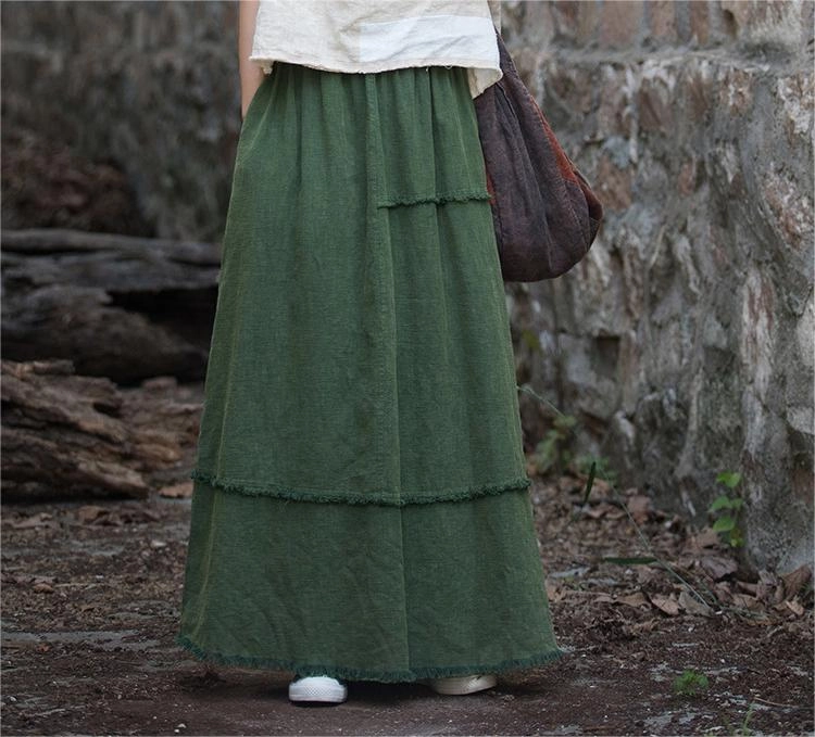 Retro Fringed Ramie A-Line Skirts Temperature Regulating