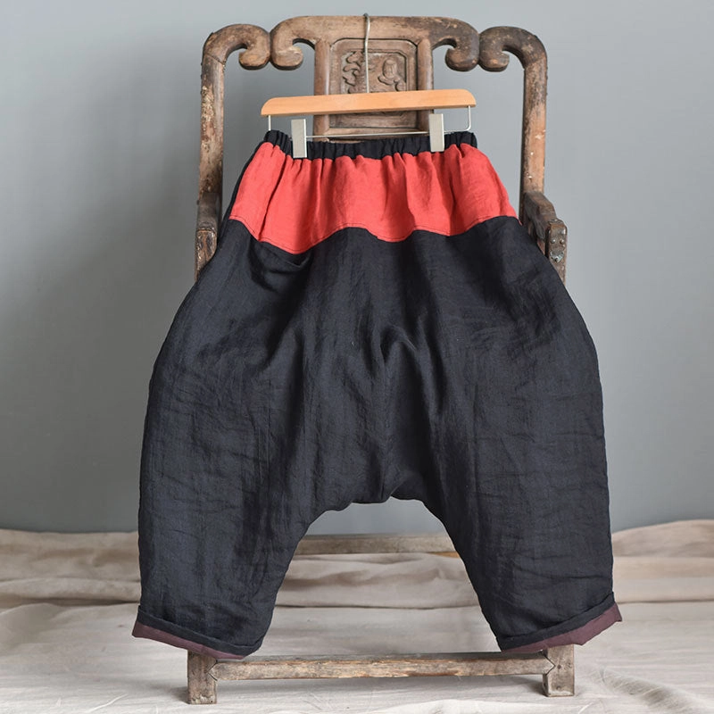 Comfortable Band Sturdy Construction Women Color Block Warm Drop-Crotch Cotton Harem Pants