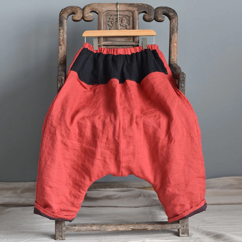 Pampered Lining Women Color Block Warm Drop-Crotch Cotton Harem Pants