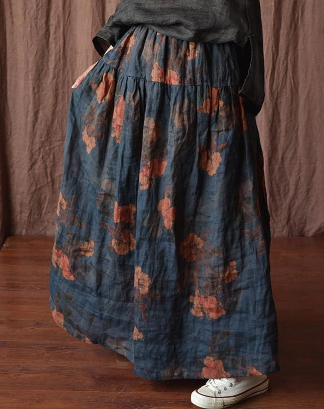 Cool Comfort Comfortable Edge Printed Ruffled Flowy A- Line Ramie Midi Skirts